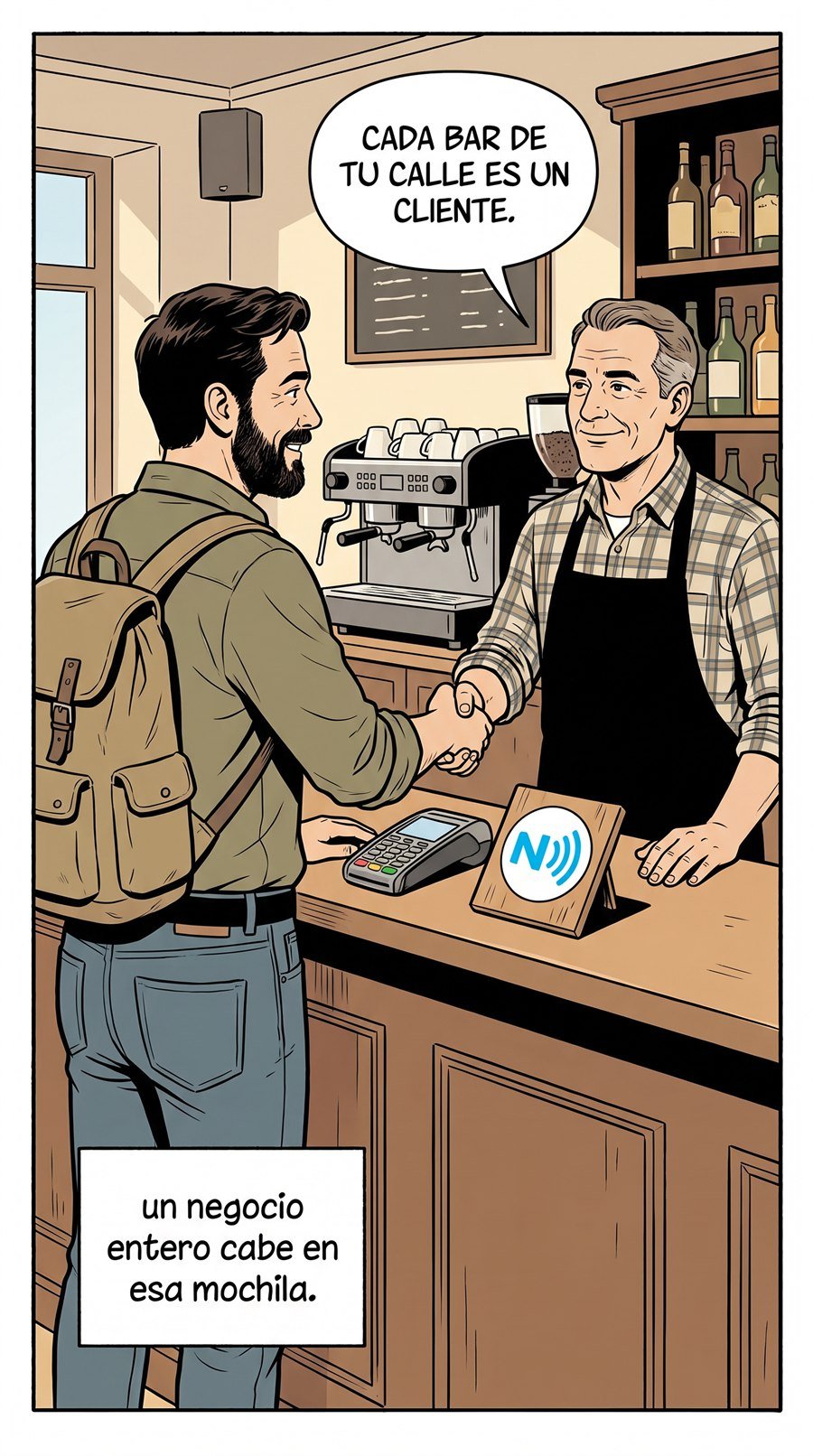 Un comercial estrecha la mano del dueño de un bar; sobre la barra, una etiqueta NFC.