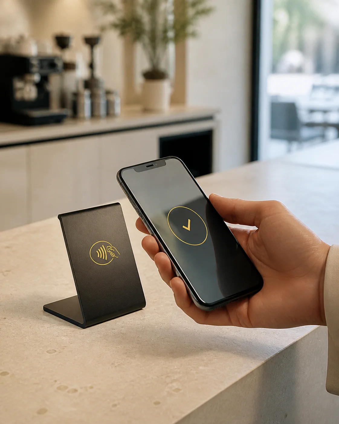 Un soporte NFC sobre la mesa de un local, listo para que el cliente acerque el móvil.