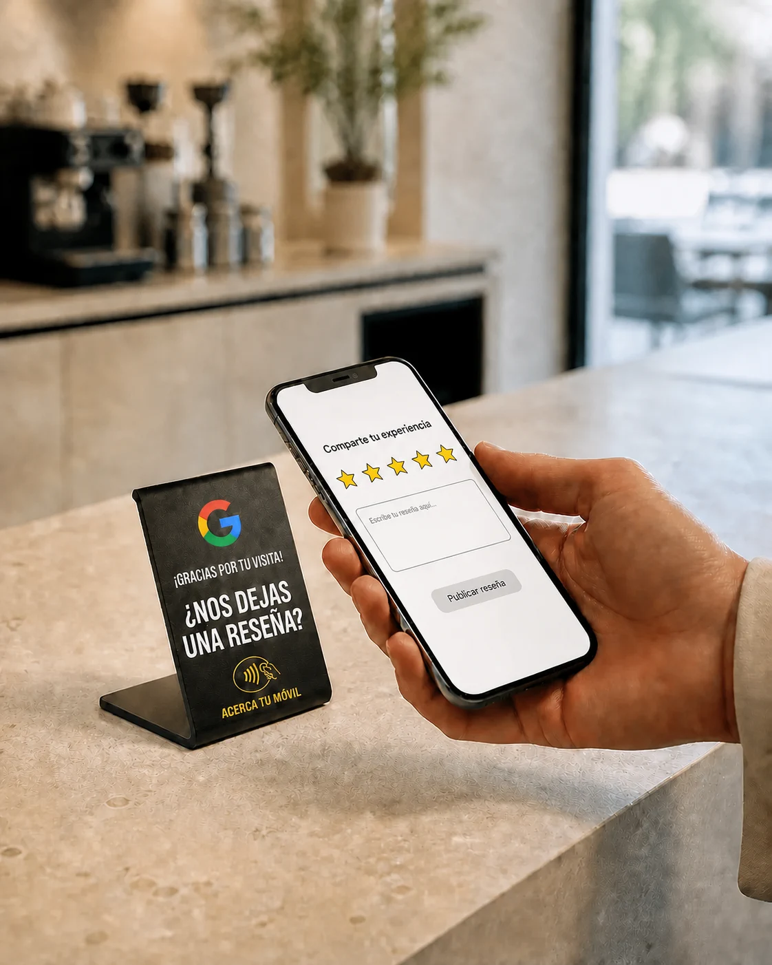 Un móvil muestra una reseña de cinco estrellas junto a un soporte NFC para comercios.